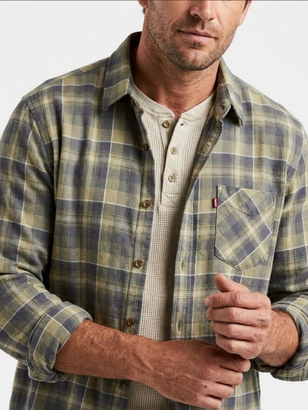 Levi’s XL Green Tan Plaid Cotton Button Down Shirt Rugged Workwear Layering